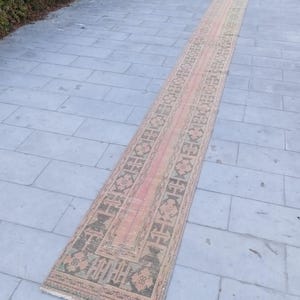 Extra Long Turkish Oushak Runner Rug: 1.10x22 ft Vintage Wool Hallway Rug