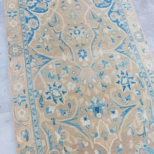 Tappeto da corridoio turco Oushak vintage: stile persiano blu e marrone (3x10)
