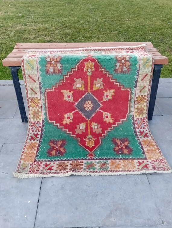 Vintage Oushak Teppich, 3x4 Kleiner Türkischer Wollteppich, Handgemacht 1970er Jahre