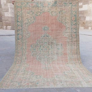 Vintage Herzi Rug: 7x9 Green, Beige & Orange Oriental Rug