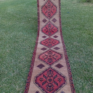 May include: A long, narrow runner rug featuring a tan background with a series of repeating red diamond-shaped medallions. Each medallion contains intricate black geometric patterns and symbols. The rug is framed by a dark red and black border.