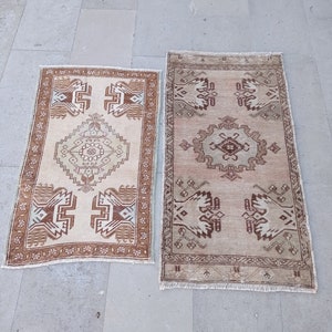 Handmade Wool Oushak Rug: Brown Beige Vintage Turkish Rug (1.9x3.5 ft)