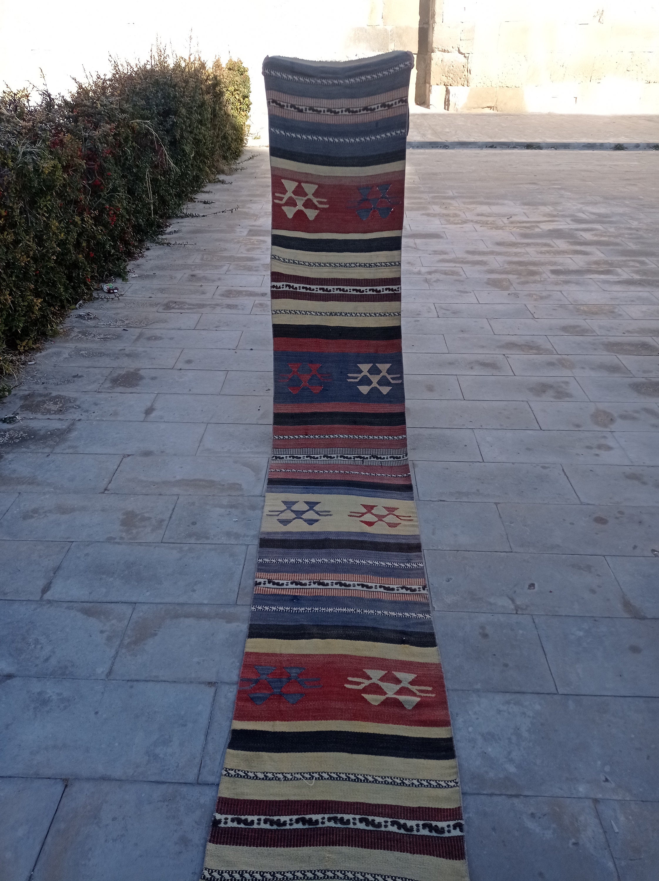 204cm×35cm キリムラグ ランナーラグ ウール コットン ネイティブ柄