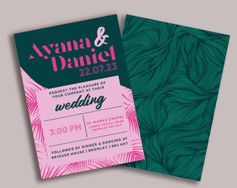 Palms Wedding Invite: Modern Contemporary Plant Bright Colourful Modern Premium Pink Orange Green