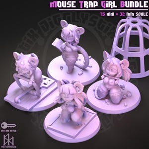 May include: A set of four light purple resin mouse-themed character figurines, including a cage accessory. The text MOUSE TRAP GIRL BUNDLE and 75 MM + 32 MM SCALE is visible at the top. Each figure stands on a circular base with unique poses.