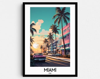 Miami Travel Wall Art, USA Painting Gifts, America Home Decor, Florida Digital Prints Posters, Printable Handmade Art, Canvas Download Print