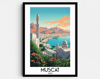 Muscat Travel Wall Art, Regalos de pintura de Omán, Decoración del hogar de Oriente Medio, Carteles de impresiones digitales, Arte hecho a mano imprimible, Descarga de lienzo Omán