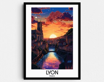Lyon France Travel Poster, Sunset Cityscape Art (Digital Download)