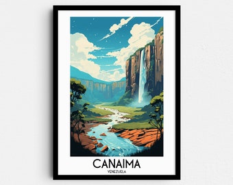 May include: A colorful illustration of a waterfall in a lush green valley with a river flowing through it. The text "CANaima VENEZUELA" is at the bottom of the image.