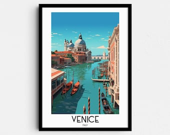 May include: A colorful illustration of Venice, Italy, featuring a view of the Grand Canal with gondolas and the Basilica di San Giorgio Maggiore in the background. The text "VENICE ITALY" is at the bottom of the image.