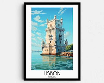 May include: A framed illustration of the Belém Tower in Lisbon, Portugal. The tower is a white stone structure with a blue sky and water in the background. The text "LISBON PORTUGAL" is at the bottom of the image.