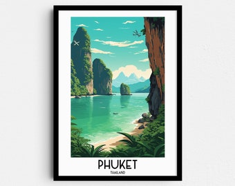 May include: A colorful illustration of a tropical island scene with tall cliffs, a turquoise blue ocean, and a sandy beach. The text "PHUKET THAILAND" is at the bottom of the image.