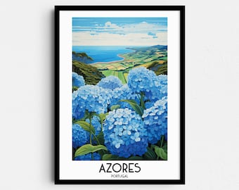Azores Travel Wall Art, Portugal Painting Gifts, Europe Home Decor, Digital Prints Posters, Printable Handmade Art, Island Canvas Download