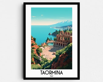 Arte de pared de viaje de Taormina, regalos de pintura de Italia, decoración del hogar de Europa, carteles de impresiones digitales, arte hecho a mano imprimible, descarga de lienzo de Sicilia