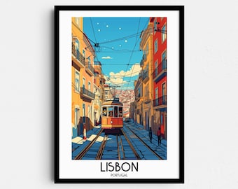 May include: A vintage-style illustration of a yellow tram traveling up a narrow street in Lisbon, Portugal. The street is lined with colorful buildings and the sky is blue with white clouds. The text "LISBON, PORTUGAL" is at the bottom of the image.