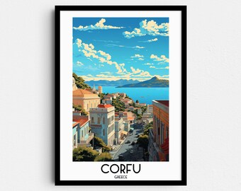 May include: A colorful illustration of a cityscape with buildings and a body of water in the background. The sky is blue with white clouds. The text "CORFU GREECE" is at the bottom of the image.