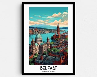 Reseaffisch med Belfast, Irland, konsttryck med Storbritannien (digital nedladdning)