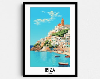 May include: A framed print of a colourful illustration of a white town on a hillside overlooking a blue bay with boats. The text "IBIZA SPAIN" is at the bottom of the print.