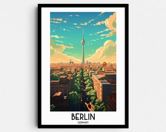 Pode incluir: Uma ilustração colorida do horizonte de Berlim com a icônica Torre de Televisão no centro. A imagem é emoldurada em preto e inclui o texto "BERLIM, ALEMANHA".