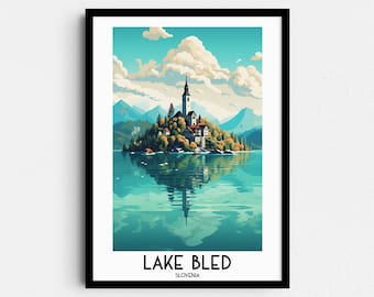 Stampa artistica del dipinto del lago di Bled, poster di viaggio della Slovenia (download digitale)