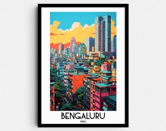 May include: A colorful illustration of the Bengaluru skyline, featuring tall buildings and a blue sky with clouds. The text "Bengaluru, India" is at the bottom of the image.