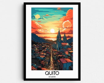 May include: A digital illustration of Quito, Ecuador, with a sunset over the city and a church in the foreground.