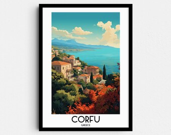 May include: A colorful illustration of a coastal town in Corfu, Greece. The image shows a hillside with buildings, trees, and a view of the ocean. The text "CORFU, GREECE" is at the bottom of the image.