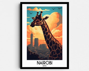 Konsttryck med giraff i Nairobi, reseaffisch i Kenya (digital nedladdning)