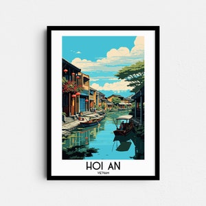 May include: A colorful illustration of a canal in Hoi An, Vietnam. The canal is lined with traditional houses and boats. The sky is blue with white clouds. The text "Hoi An, Vietnam" is at the bottom of the image.