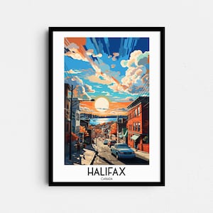 May include: A colorful illustration of a street scene in Halifax, Canada. The image features a street lined with buildings, a car driving down the street, and a bright blue sky with fluffy white clouds. The sun is setting in the distance, casting a warm glow over the scene. The text "HALIFAX CANADA" is printed at the bottom of the image.