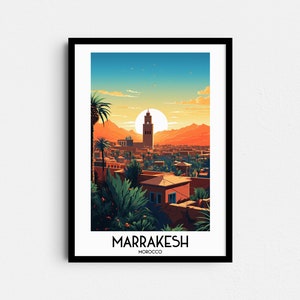May include: A colorful illustration of the city of Marrakesh, Morocco, with a tall minaret in the center and a sunset in the background.