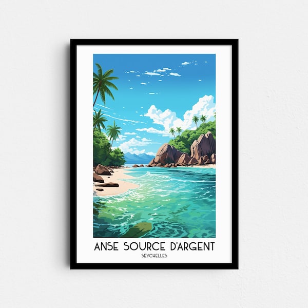 Anse Source d'Argent Travel Wall Art, Seychelles Painting Gifts, Africa Home Decor, La Digue Digital Prints Posters, Printable Handmade Art