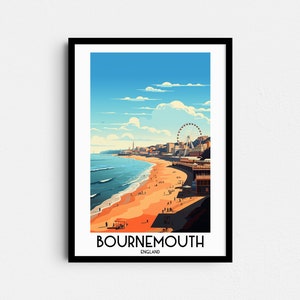 Bournemouth Travel Wall Art, regalos de pintura de Inglaterra, decoración del hogar del Reino Unido, carteles de impresiones digitales, arte hecho a mano imprimible, descarga de lienzo de Dorset