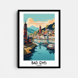 Bad Ems Travel Wall Art, regalos de pintura de Alemania, decoración del hogar de Europa, carteles impresos digitales, arte hecho a mano imprimible, descarga de lienzo alemán