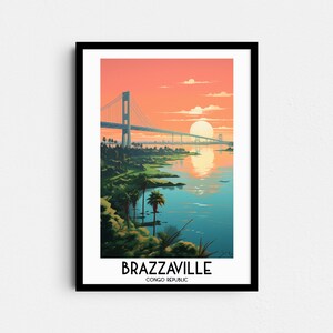 Könnte beinhalten: Eine farbenfrohe Illustration einer Brücke über einen Fluss mit einem Sonnenuntergang im Hintergrund. Der Text "BRAZZAVILLE CONGO REPUBLIC" befindet sich am unteren Rand des Bildes.