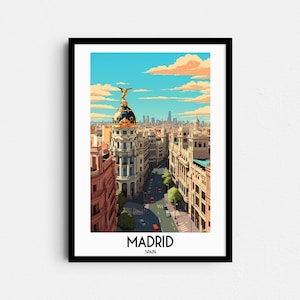 Art mural voyage à Madrid, cadeaux de peinture en Espagne, décoration d'intérieur en Europe, affiches d'impressions numériques, oeuvre d'art imprimable fait main, toile Gran Via à télécharger