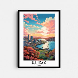 K&ouml;nnte beinhalten: Eine farbenfrohe Illustration der Skyline von Halifax mit einem rosa und blauen Himmel, einem Gew&auml;sser und B&auml;umen im Vordergrund. Der Text "HALIFAX CANADA" befindet sich am unteren Rand des Bildes.