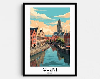 May include: Framed art print of Ghent, Belgium, featuring a canal scene with colorful buildings and a tall church tower under a blue sky with clouds. The word "GHENT" is printed at the bottom.