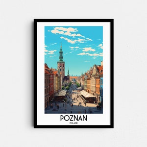 May include: A colorful illustration of the city of Poznan, Poland. The image shows a street lined with buildings, with a tall tower in the center. The sky is blue with white clouds.
