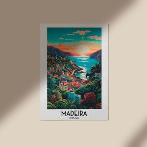 May include: A colorful illustration of a coastal town in Madeira, Portugal. The image features a vibrant sunset over a bay with a town built on a hillside. The text "MADEIRA PORTUGAL" is at the bottom of the image.