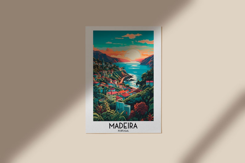 May include: A colorful illustration of a coastal town in Madeira, Portugal. The image features a vibrant sunset over a bay with a town built on a hillside. The text "MADEIRA PORTUGAL" is at the bottom of the image.