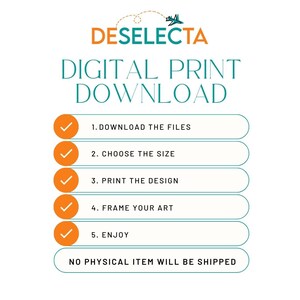 K&ouml;nnte beinhalten: Eine Grafik f&uuml;r den digitalen Download mit einem blaugr&uuml;nen Hintergrund und wei&szlig;em Text, der "DESELECTA DIGITAL PRINT DOWNLOAD" lautet.  Es sind f&uuml;nf Schritte mit H&auml;kchen aufgelistet: 1. Dateien herunterladen, 2. Gr&ouml;&szlig;e ausw&auml;hlen, 3. Design drucken, 4. Kunst einrahmen, 5. Genie&szlig;en.  Der Text "NO PHYSICAL ITEM WILL BE SHIPPED" befindet sich unten.
