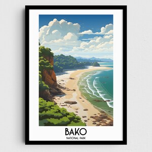 May include: A colorful illustration of a beach scene with a rocky cliff and a curved shoreline. The sky is blue with white clouds. The text "BAKO NATIONAL PARK" is at the bottom of the image.