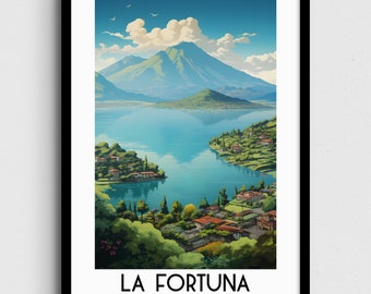 Pode incluir: Uma ilustração colorida de um lago e um vulcão em La Fortuna, Costa Rica. O lago é cercado por árvores verdes exuberantes e casas. O vulcão está no fundo e tem uma nuvem branca no topo.