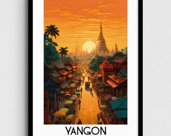 ヤンゴン・ミャンマー・アートプリント、アジア旅行ポスター（デジタル
