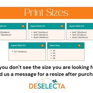 K&ouml;nnte beinhalten: Eine Tabelle mit einer leuchtend orangenen Kopfzeile, die "Print Sizes" lautet. Die Tabelle listet verschiedene Seitenverh&auml;ltnisse und Papierformate f&uuml;r Drucke auf. Die Seitenverh&auml;ltnisse umfassen 2:3, 3:4, 4:5 und 5:7. Die Papierformate umfassen A2, A3, A4 und A5. Die Tabelle enth&auml;lt auch die Abmessungen der einzelnen Druckgr&ouml;&szlig;en in Zoll und Zentimetern.