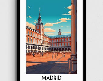 Madrid Plaza Mayor-tryck, spansk reseaffisch (digital nedladdning)