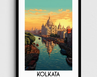 Puede incluir: Un cartel de viaje vintage con una ilustración colorida del Victoria Memorial en Calcuta, India. El edificio es blanco con una cúpula dorada y se refleja en el agua de un río. El cielo es de un naranja y amarillo vibrantes.
