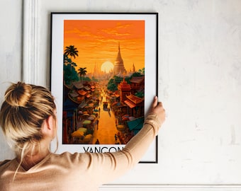 ヤンゴン・ミャンマー・アートプリント、アジア旅行ポスター（デジタル