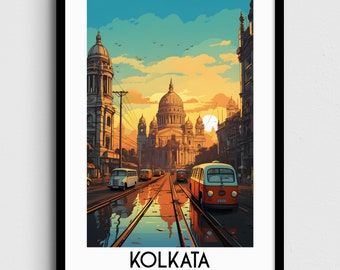 Puede incluir: Una ilustración colorida de un paisaje urbano en Calcuta, India. La imagen presenta una gran catedral en el centro, con edificios a ambos lados y una calle con tranvías en primer plano. El cielo es de un naranja y amarillo vibrantes, con algunas aves volando por encima. El texto "KOLKATA INDIA" está en la parte inferior de la imagen.